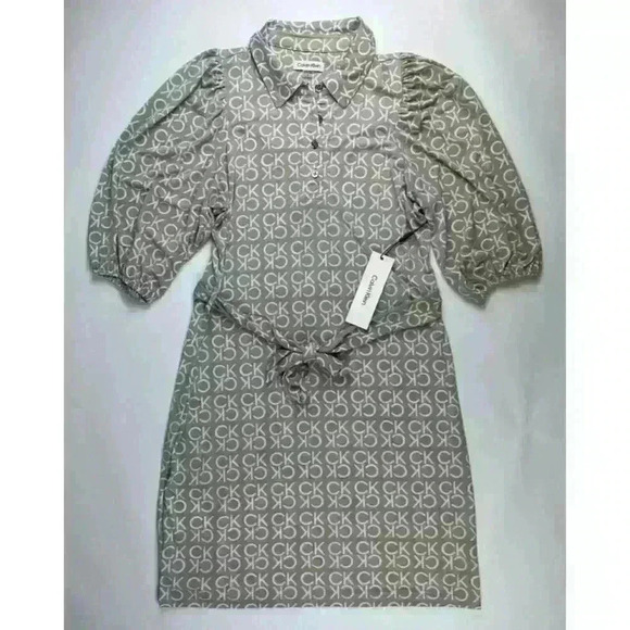 NEW! Calvin Klein Women's Size 10 Logo-Print Tie Waist Shirt Dress NWT $119 - Picture 1 of 3